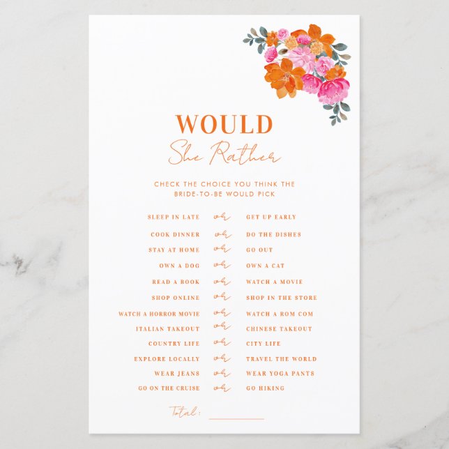 Pink Orange Baby Shower Would She Rather Game (Front)