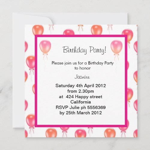 pink orange balloon BIRTHDAY PARTY INVITATION