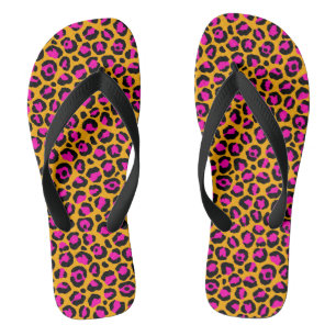 Pink orange black cheetah print flip flops