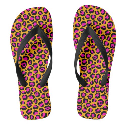 Pink orange black cheetah print flip flops