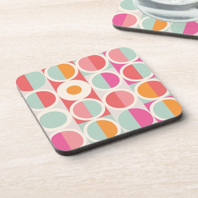 Pink Orange Blue Geometric Pattern Beverage Coaster (Left Side)