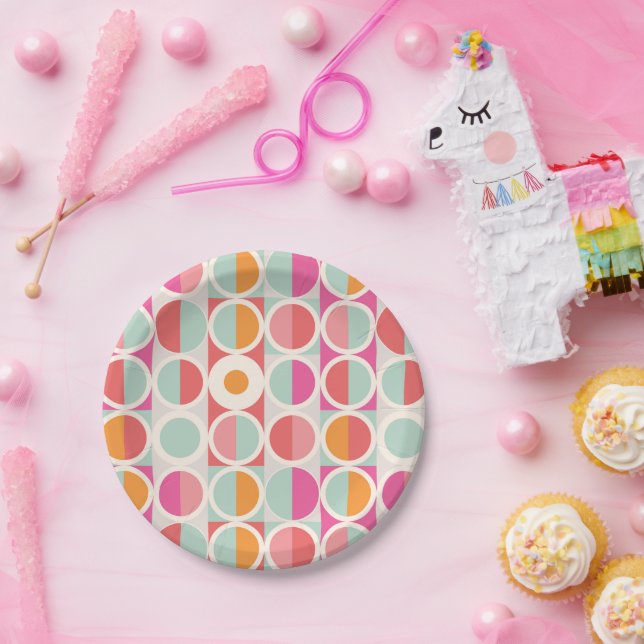 Pink Orange Blue Geometric Pattern Paper Plates (Party)