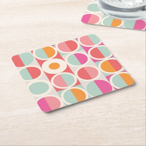 Pink Orange Blue Geometric Pattern Square Paper Coaster