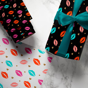 Pink, Orange & Blue Lips & Gold Hearts Valentine Wrapping Paper Sheets