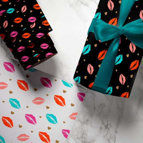 Pink Orange  Blue Lips  Gold Hearts Valentine Wrapping Paper Sheets