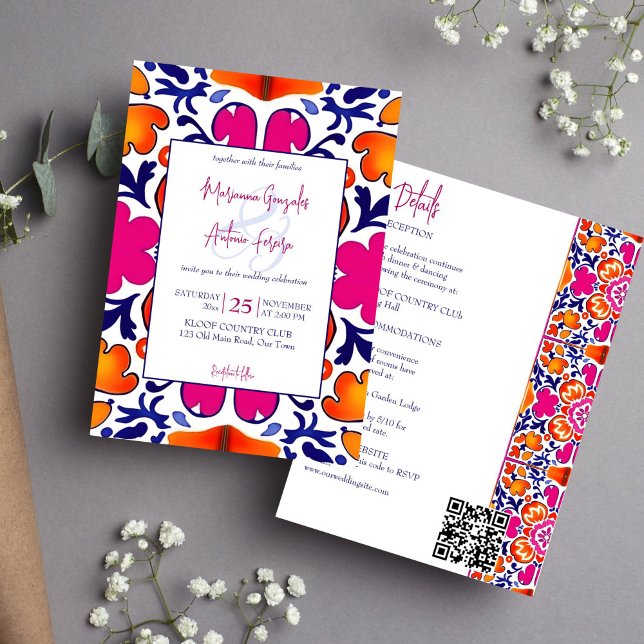 Pink orange blue Mexican tiles all in one wedding Invitation (Pink orange blue Mexican tiles all in one wedding editable template Invitation digital download folk)