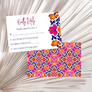 Pink orange blue Mexican tiles wedding RSVP Card