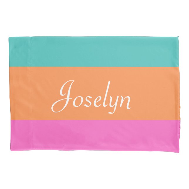 Pink, Orange& Blue Stripes Monogram Name Modern Pillow Case (Front)