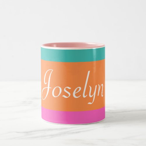 Pink Orange Blue Wide Stripes with Name Modern Two_Tone Coffee Mug