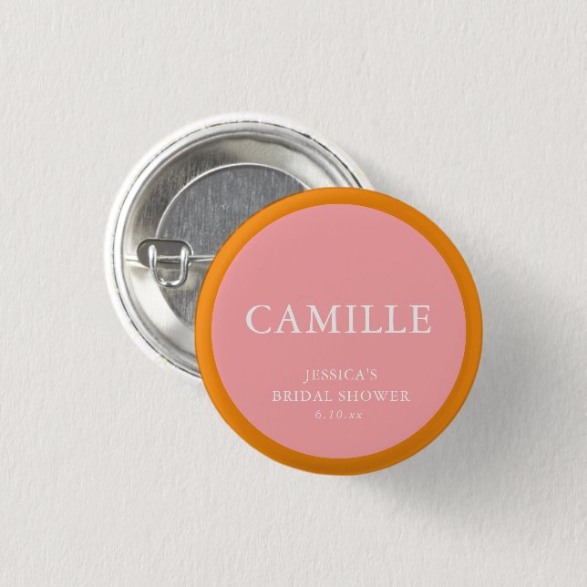 Pink Orange Bold Name Bridal Shower Guest Name Button (Front & Back)