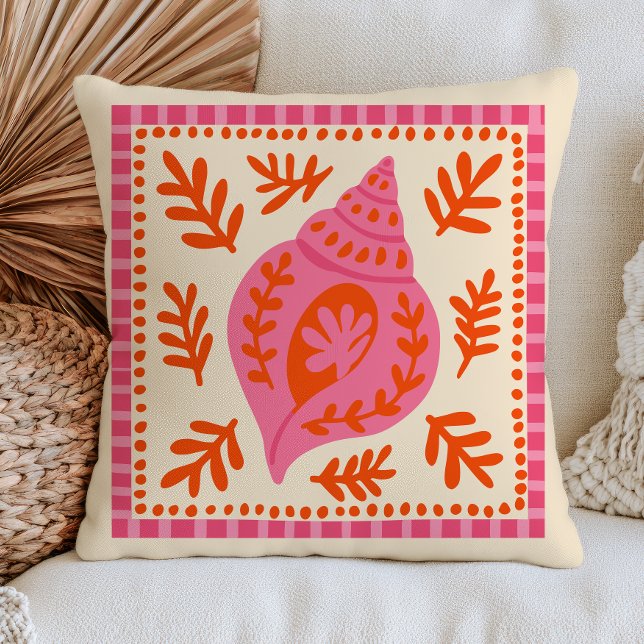 Pink& Orange Botanical Seashell Beach Nautical Throw Pillow (Creator Uploaded)