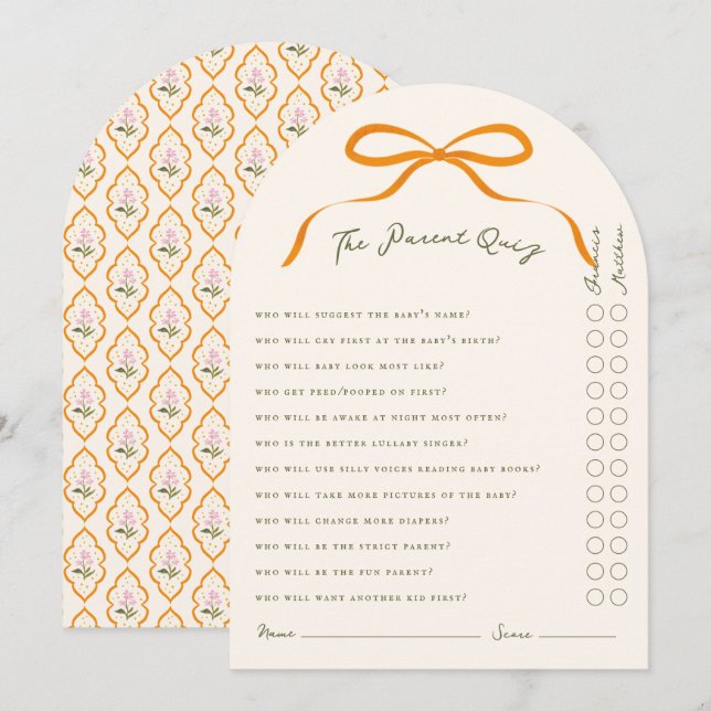 Pink Orange Bow Dainty Wildflowers Parent Quiz Invitation (Front/Back)