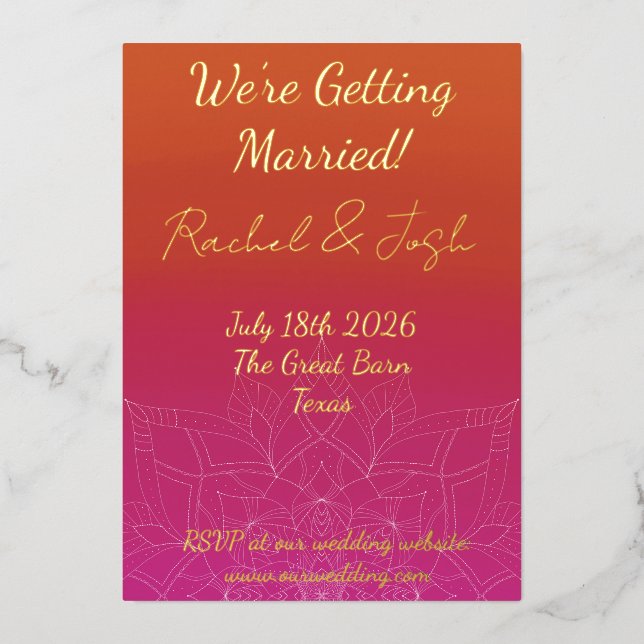 Pink & Orange Bright Ombre Mandala Wedding Foil Invitation (Front)