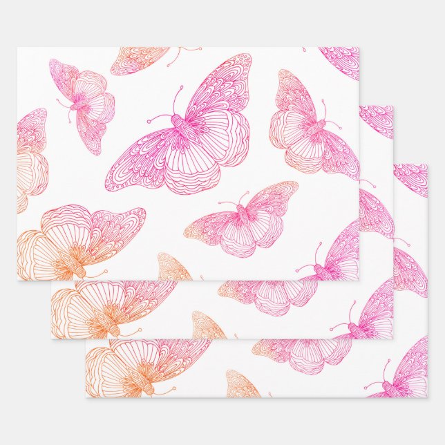 Pink Orange Butterfly Pattern      Wrapping Paper Sheets (Set)