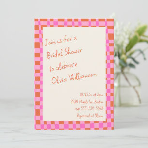 Pink Orange Checkerboard Bridal Shower Whimsical Invitation