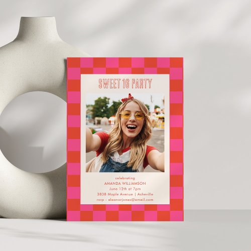 Pink Orange Checkerboard Sweet 16 Party Photo Invitation