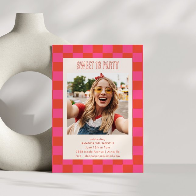 Pink Orange Checkerboard Sweet 16 Party Photo Invitation (Creator Uploaded)