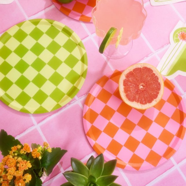 Pink + Orange Checkered Party Paper Plates (Creator Uploaded)