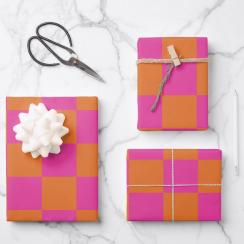 Pink Orange Checkered Pattern Wrapping Paper Sheets