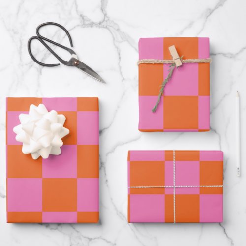 Pink Orange Checkered Pattern Wrapping Paper Sheets