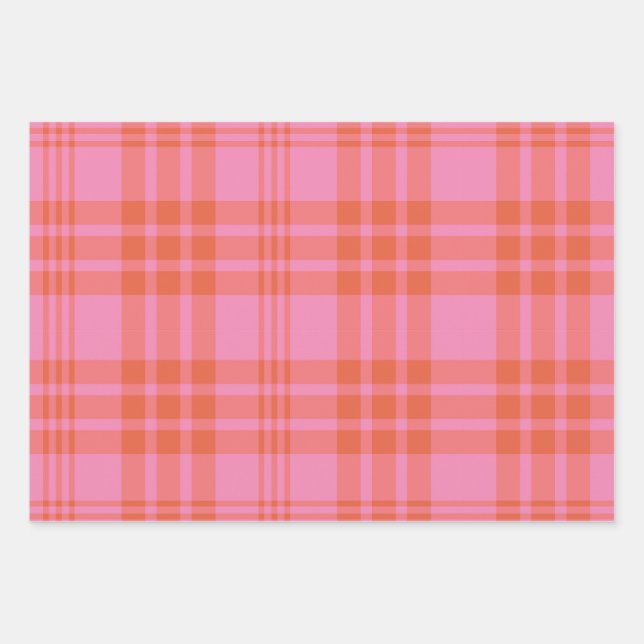 Pink Orange Checkered Plaid Gingham  Wrapping Paper Sheets (Front)