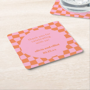 Pink Orange Checkered Retro Custom Couples Shower Square Paper Coaster