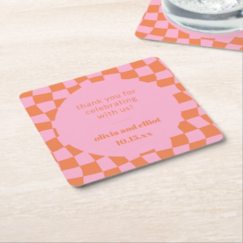 Pink Orange Checkered Retro Custom Couples Shower Square Paper Coaster