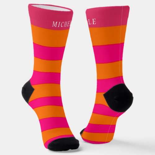 Pink Orange Color Block Lines Striped Custom Name  Socks