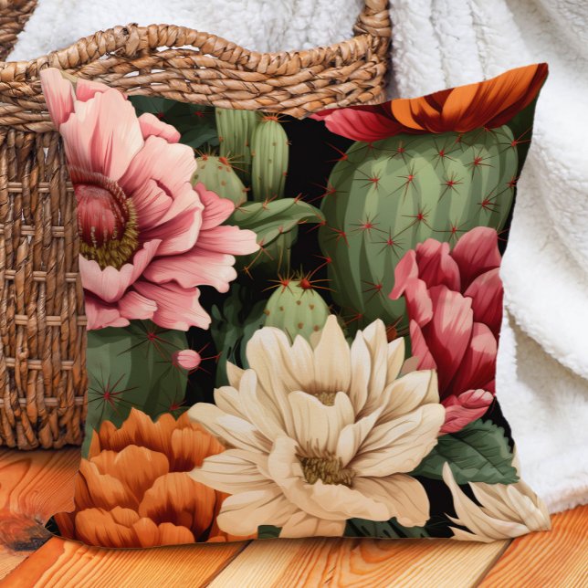 Pink Orange Cream Succulent Floral Cactus Black Throw Pillow (Cactus and pink, cream, and burnt orange floral pillow)