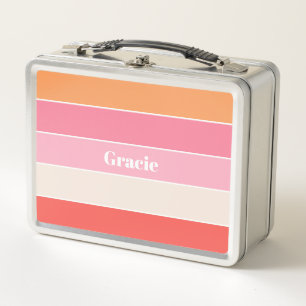 Pink Orange Custom Summer Color Block Stripes Metal Lunch Box
