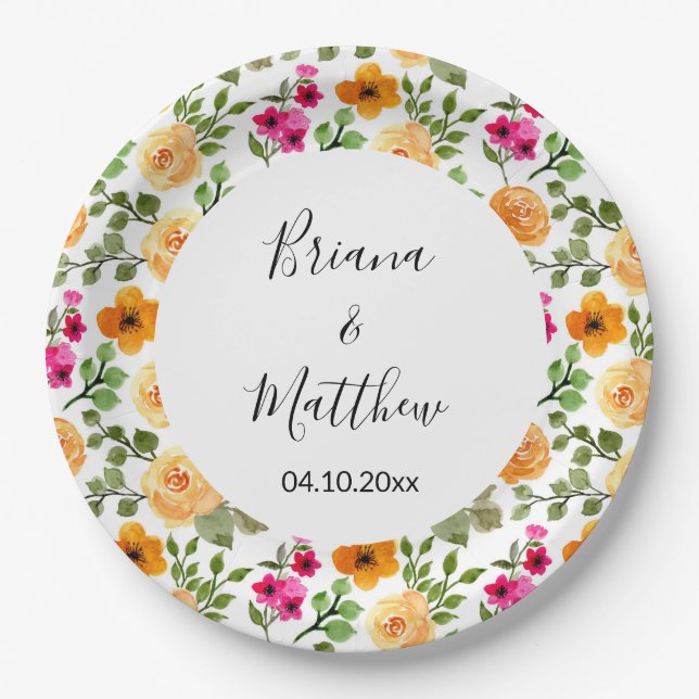 Pink Orange Cute Summer Floral  Paper Plates (Front)