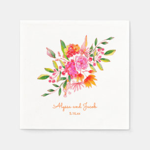Pink Orange Cute Watercolor Flowers Custom Wedding Napkins