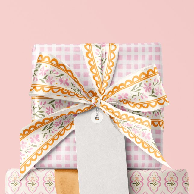 Pink Orange Dainty Cottage Scallop Stripe Satin Ribbon (Vintage wallpaper style ribbon with pink wildflowers and orange scalloped stripes and yellow dots)