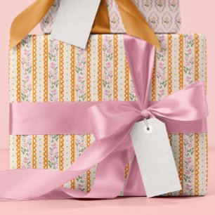 Pink Orange Dainty Floral Stripes Patterned Wrapping Paper