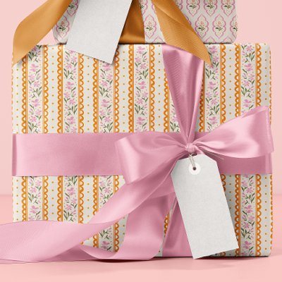 Pink Orange Dainty Floral Stripes Patterned Wrapping Paper