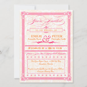 Pink & Orange Damask Poster-Style Wedding Invite