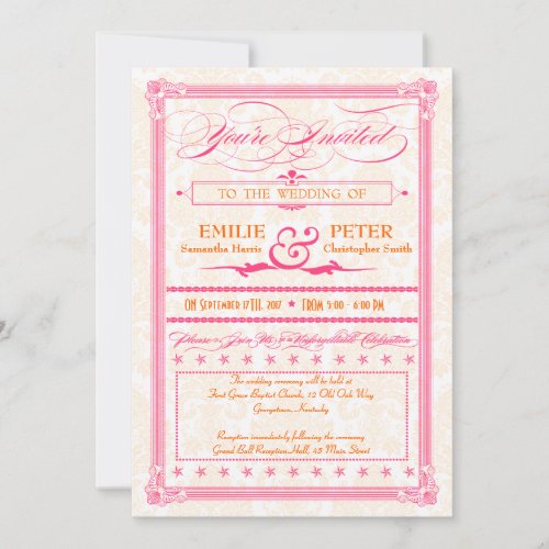 Pink &amp; Orange Damask Poster Wedding &amp; RSVP Invite