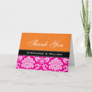 Pink Orange Damask Wedding Thank You Cards
