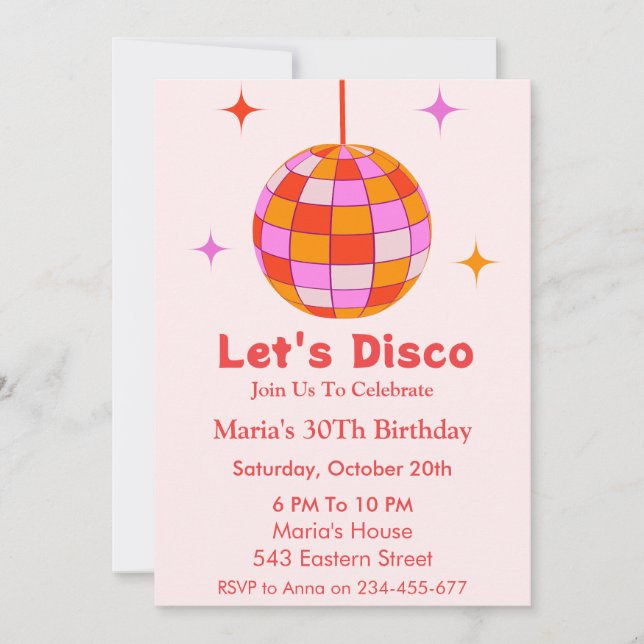 Pink Orange  Disco Ball Let's Disco Birthday Party Invitation (Front)