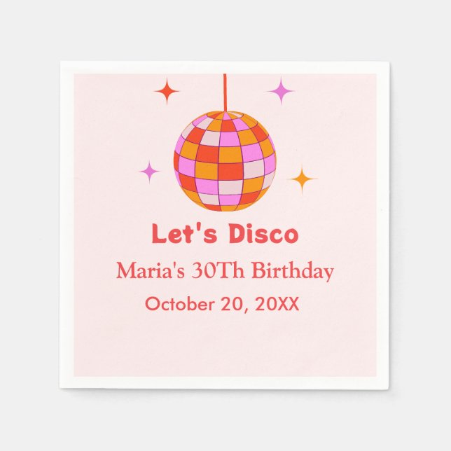 Pink Orange  Disco Ball Let's Disco Birthday Party Napkins (Front)