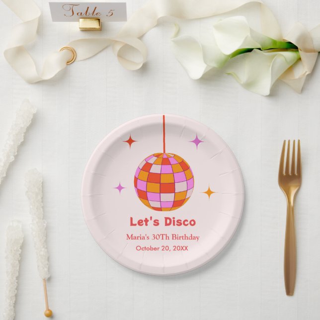 Pink Orange  Disco Ball Let's Disco Birthday Party Paper Plates (Wedding)