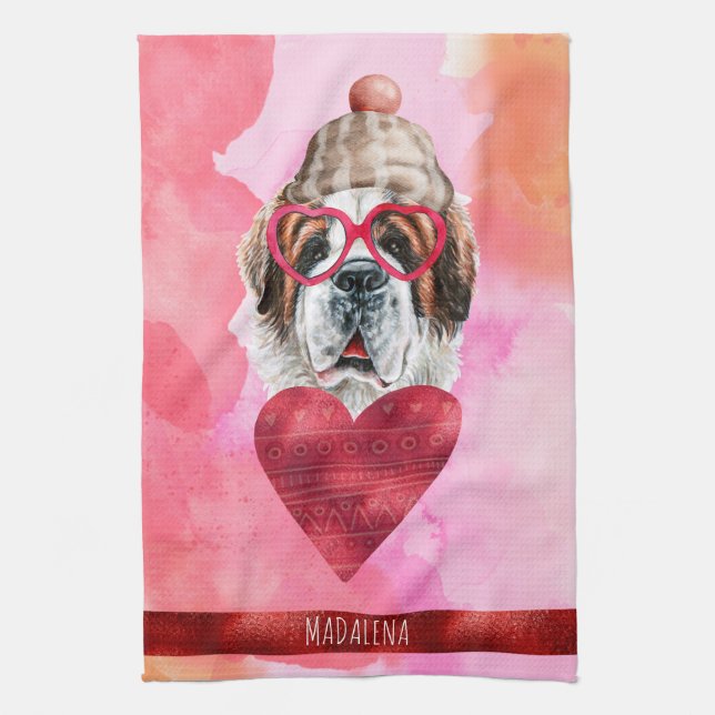 Pink Orange Dog Lover Valentine Gift Saint Bernard Kitchen Towel (Vertical)
