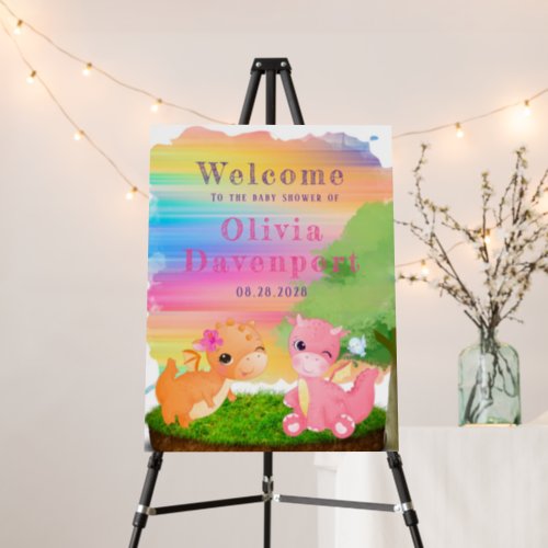 Pink Orange Dragons Girl Baby Shower Welcome Sign