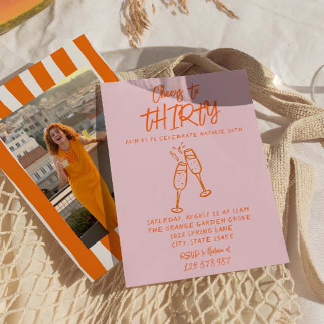 Pink Orange Drawn 30th Whimsical Photo Birthday Invitation (Creator Uploaded)