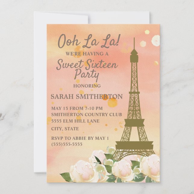 Pink Orange Eiffel Tower White Floral Sweet 16 Invitation (Front)