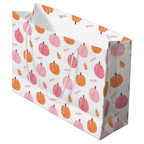 Pink Orange Fall Pumpkin Leaves Pattern Large Gift Bag