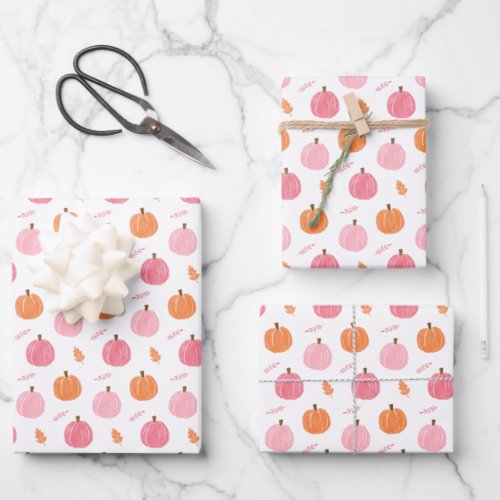 Pink Orange Fall Pumpkin Leaves Pattern Wrapping Paper Sheets