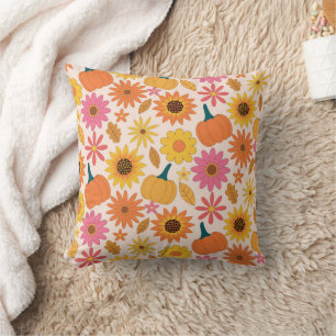 Pink Orange fall Pumpkins with sunflowers  Throw Pillow