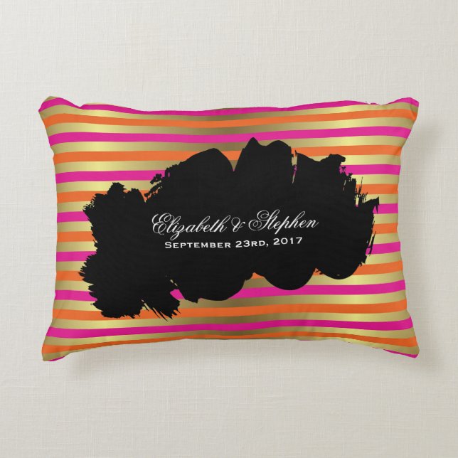 Pink, Orange & Faux Gold Metallic Stripes Wedding Decorative Pillow (Front)