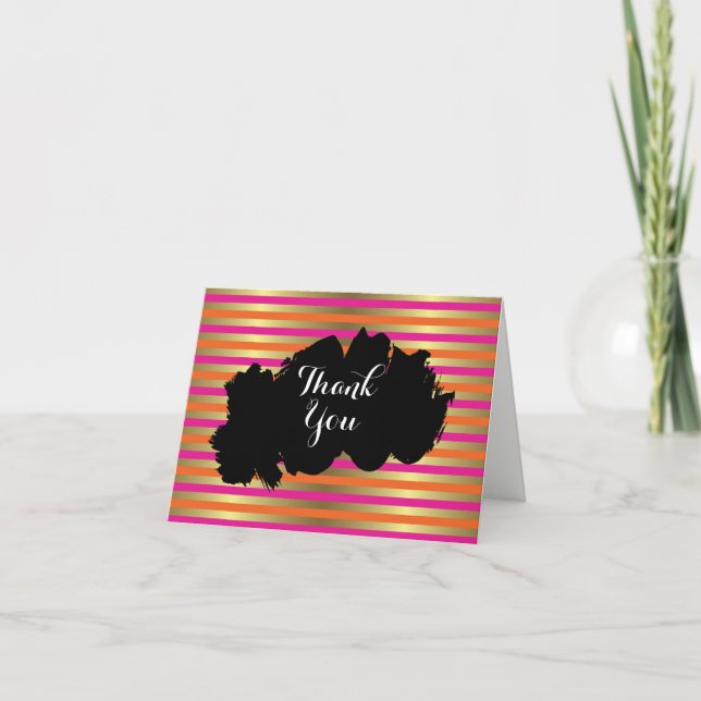 Pink, Orange & Faux Metallic Gold Stripe Thank You (Front)